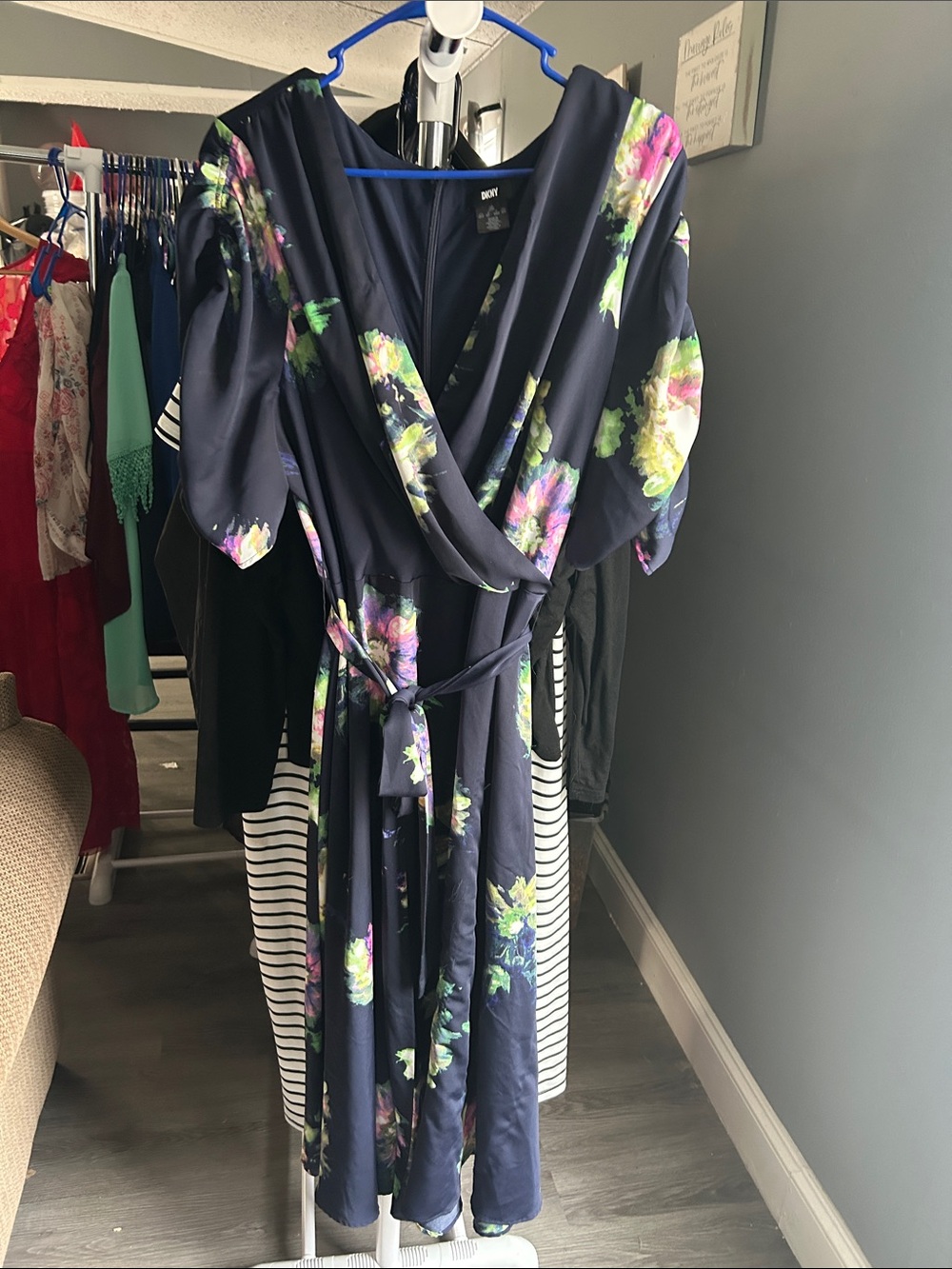 DKNY Navy Floral Midi Dress with Tie Waist